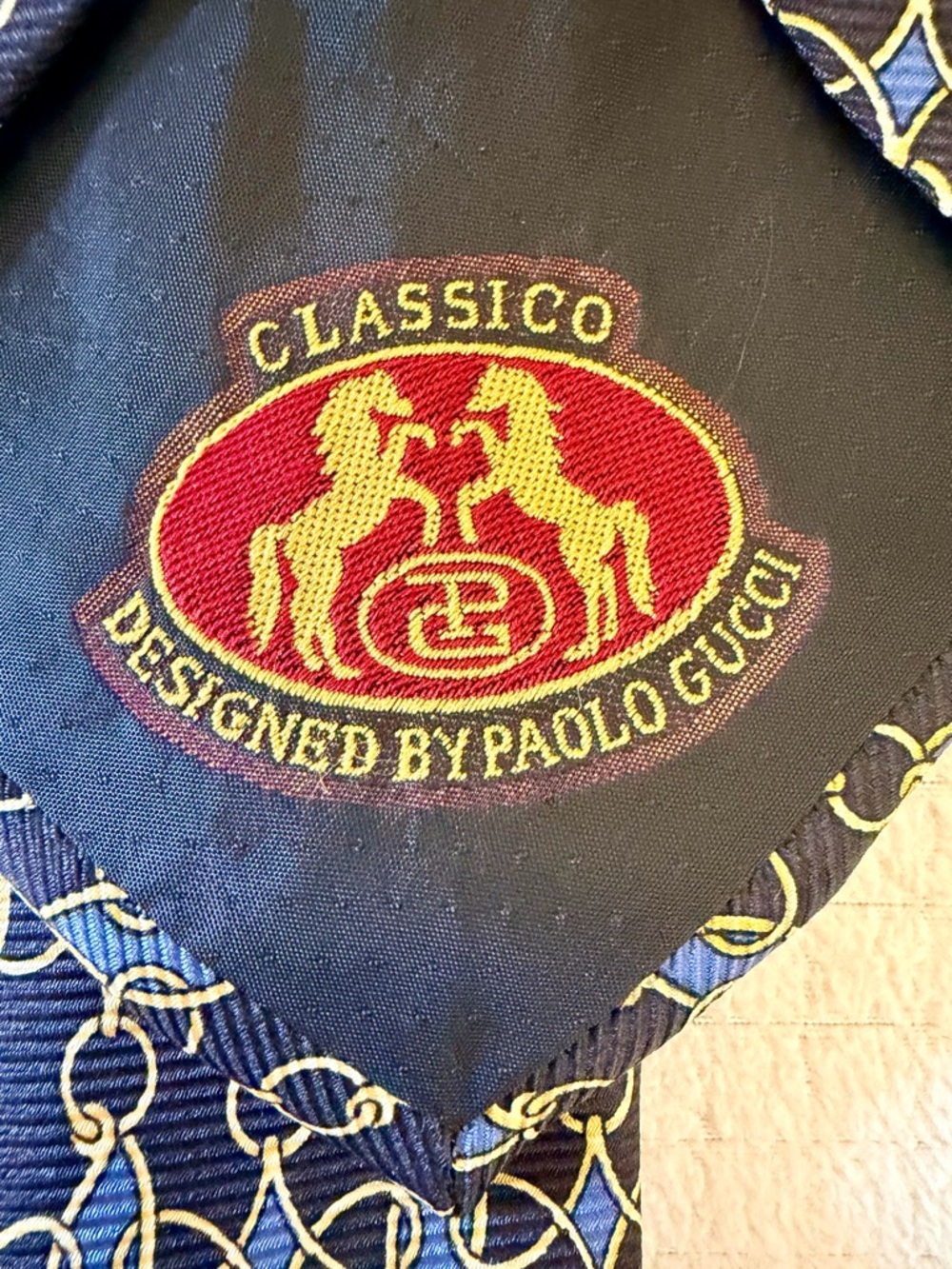 Vintage Paolo Gucci Classico Tie Blue Gold Silk Equestrian design Italy Designer - Picture 1 of 6